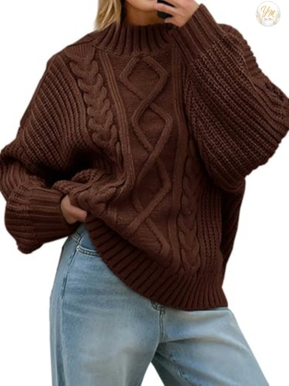 Oversized Cable Knit Turtleneck Button Pullover Sweater